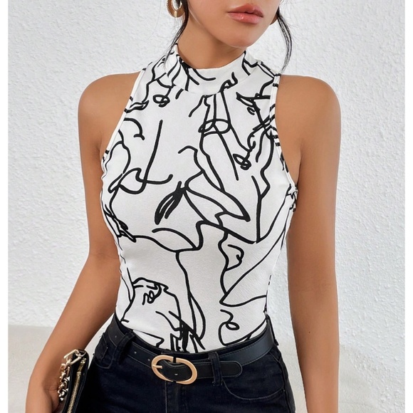 Rouge! Tops - Abstract Face Print White Sleeveless Top Slim Fit High Neck